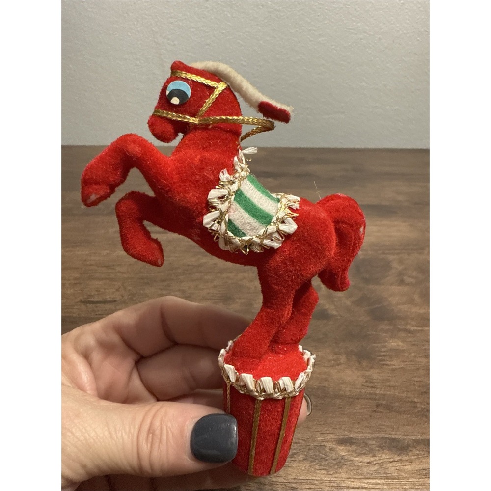 Vintage Red‎ Flocked Circus Horse On Ball Christmas Ornament MCM Kitsch